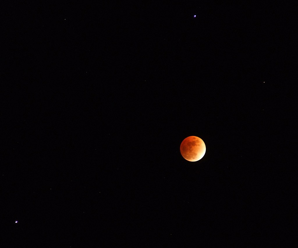 eclipsed moon with Saturn and Regulus